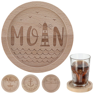 Glasuntersetzer Maritim 4er Set Buchenholz gelasert Ø11,5x1,5cm Holzuntersetzer 4 Motive Leuchtturm Ankerplatz Ahoi Inselkind Moin für Gläser Flaschen