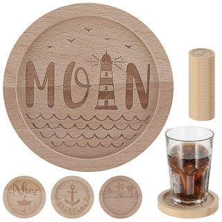 Glasuntersetzer Maritim 24er Set Buchenholz gelasert Ø11,5x1,5cm Holzuntersetzer 4 Motive Leuchtturm Ankerplatz Ahoi Inselkind Moin für Gläser Flaschen