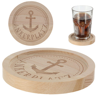 Glasuntersetzer Maritim 24er Set Buchenholz gelasert Ø11,5x1,5cm Holzuntersetzer 4 Motive Leuchtturm Ankerplatz Ahoi Inselkind Moin für Gläser Flaschen