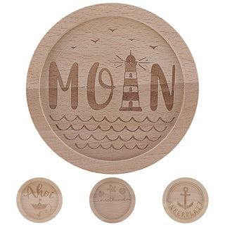 Glasuntersetzer Maritim 24er Set Buchenholz gelasert Ø11,5x1,5cm Holzuntersetzer 4 Motive Leuchtturm Ankerplatz Ahoi Inselkind Moin für Gläser Flaschen