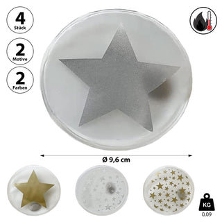 Taschenwärmer 4er Set Sterne 4 Motive Ø9,5cm PVC gold silber Taschenheizkissen Wärmer Handwärmer Gelkissen wiederverwendbar