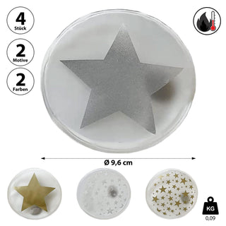 Taschenwärmer 4er Set Sterne 4 Motive Ø9,5cm PVC gold silber Taschenheizkissen Wärmer Handwärmer Gelkissen wiederverwendbar