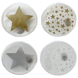 Taschenwärmer 4er Set Sterne 4 Motive Ø9,5cm PVC gold silber Taschenheizkissen Wärmer Handwärmer Gelkissen wiederverwendbar