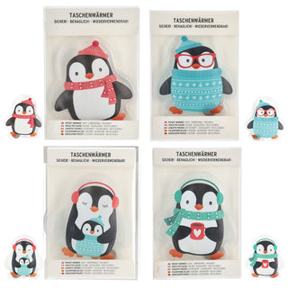 Taschenwärmer 4er Set Pinguin vier Motive 8,5x10cm PVC Taschenheizkissen Wärmer Handwärmer Gelkissen wiederverwendbar