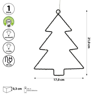 LED Tannenbaum 3er Set zum Aufhängen schwarz 12 LEDs 18x21x0,3cm Eisen Kunststoff batteriebetrieben Weihnachtsbaum Dekoleuchte Gartendekoration