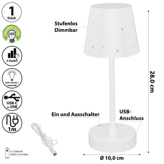 LED Tischleuchte Sterne gestanzt weiß stufenlos dimmbar 3 Weißtöne 10x28cm USB-C zu USB Ladefunktion Touchfunktion