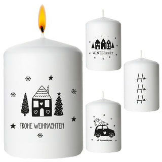 Stumpenkerze Weihnachten bedruckt 4er Set rund Ø6x8cm creme Paraffin 4 Weihnachtsmotive Dekokerze Blockkerze Wachskerze