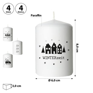 Stumpenkerze Weihnachten bedruckt 4er Set rund Ø6x8cm creme Paraffin 4 Weihnachtsmotive Dekokerze Blockkerze Wachskerze