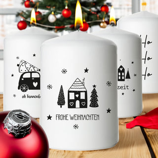 Stumpenkerze Weihnachten bedruckt 4er Set rund Ø6x8cm creme Paraffin 4 Weihnachtsmotive Dekokerze Blockkerze Wachskerze