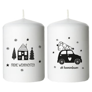 Stumpenkerze Weihnachten bedruckt 4er Set rund Ø6x8cm creme Paraffin 4 Weihnachtsmotive Dekokerze Blockkerze Wachskerze