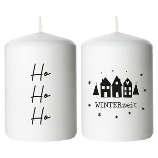 Stumpenkerze Weihnachten bedruckt 4er Set rund Ø6x8cm creme Paraffin 4 Weihnachtsmotive Dekokerze Blockkerze Wachskerze