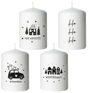 Stumpenkerze Weihnachten bedruckt 4er Set rund Ø6x8cm creme Paraffin 4 Weihnachtsmotive Dekokerze Blockkerze Wachskerze