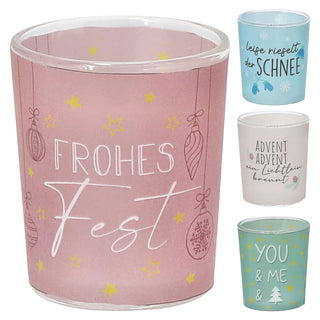 Wunschlicht 'XMAS' 4er Set 4 Motive Sprüche Glas Papier Ø6x7cm grün weiß rosa hellblau Teelichthalter Kerzenhalter Windlicht Weihnachtsdeko