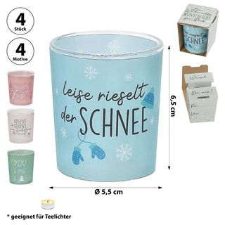 Wunschlicht 'XMAS' 4er Set 4 Motive Sprüche Glas Papier Ø6x7cm grün weiß rosa hellblau Teelichthalter Kerzenhalter Windlicht Weihnachtsdeko