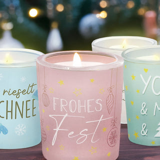 Wunschlicht 'XMAS' 4er Set 4 Motive Sprüche Glas Papier Ø6x7cm grün weiß rosa hellblau Teelichthalter Kerzenhalter Windlicht Weihnachtsdeko