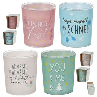 Wunschlicht 'XMAS' 4er Set 4 Motive Sprüche Glas Papier Ø6x7cm grün weiß rosa hellblau Teelichthalter Kerzenhalter Windlicht Weihnachtsdeko