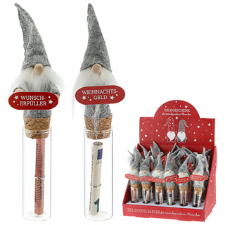 Wunschglas Wichtel 24er Set Display 15x2cm Glas Kunststoff Papier-Geldschein Geldgeschenk Gnom Zwerg Weihnachtsgeld Wunscherfüller