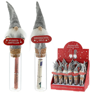 Wunschglas Wichtel 24er Set Display 15x2cm Glas Kunststoff Papier-Geldschein Geldgeschenk Gnom Zwerg Weihnachtsgeld Wunscherfüller