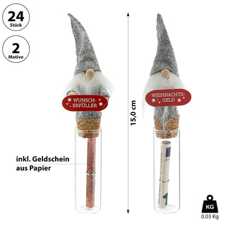 Wunschglas Wichtel 24er Set Display 15x2cm Glas Kunststoff Papier-Geldschein Geldgeschenk Gnom Zwerg Weihnachtsgeld Wunscherfüller