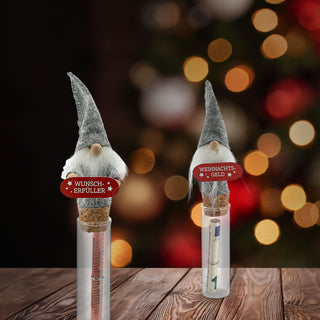 Wunschglas Wichtel 24er Set Display 15x2cm Glas Kunststoff Papier-Geldschein Geldgeschenk Gnom Zwerg Weihnachtsgeld Wunscherfüller