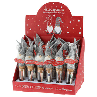 Wunschglas Wichtel 24er Set Display 15x2cm Glas Kunststoff Papier-Geldschein Geldgeschenk Gnom Zwerg Weihnachtsgeld Wunscherfüller