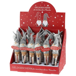 Wunschglas Wichtel 24er Set Display 15x2cm Glas Kunststoff Papier-Geldschein Geldgeschenk Gnom Zwerg Weihnachtsgeld Wunscherfüller