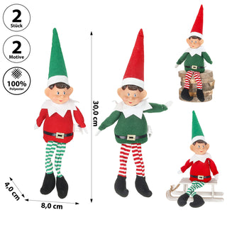 Kantenhocker 'Weihnachtsself' 2er Set Polyester Kautschuk 8x30x4cm rot grün Kantensitzer Elf Weihnachten Adventsdeko Weihnachtsdeko Plüschfigur