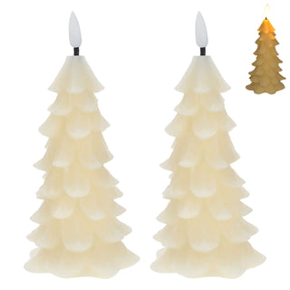 LED Echtwachskerze Tannenbaum 2er Set creme 7,5x16x6x7,6cm Flackerfunktion Timerfunktion batteriebetrieben Weihnachtsbaum