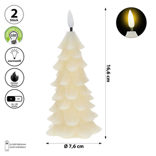 LED Echtwachskerze Tannenbaum 2er Set creme 7,5x16x6x7,6cm Flackerfunktion Timerfunktion batteriebetrieben Weihnachtsbaum