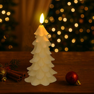 LED Echtwachskerze Tannenbaum 2er Set creme 7,5x16x6x7,6cm Flackerfunktion Timerfunktion batteriebetrieben Weihnachtsbaum