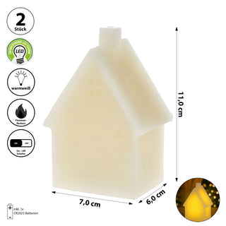 LED Echtwachskerze Haus 2er Set creme 7,5x16x6x7,6cm Flackerfunktion Timerfunktion batteriebetrieben Weihnachtsdeko