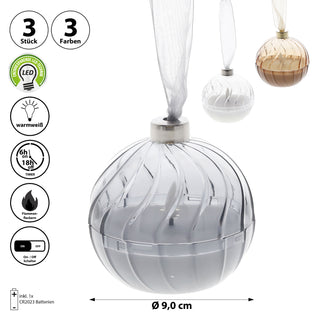 LED Echtwachskerze Christbaumkugel 3er Set gold silber weiß Ø9cm Wachs Kunststoff Flackerfunktion Timerfunktion batteriebetrieben Kugel zum Aufhängen