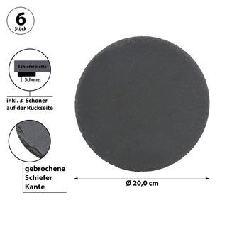 Schieferplatte 6er Set Ø20cm Schiefer rund mit drei Filzschonern Tischuntersetzer Steinplatte Servierplatte Untersetzer Dekoteller