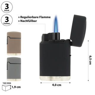 Jet Feuerzeug 3er Set Brenner Soft Touch 3 Farben 4x6,5x1,9cm ABS nachfüllbar regulierbare Flamme Sturmfeuerzeug Gasfeuerzeug