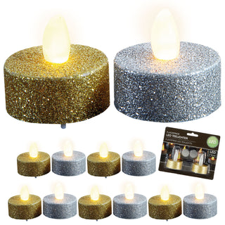 LED Teelicht Glitter 12er Set flackernd Ø4xH2cm Kunststoff gold silber Kerzen warmweiß Glitzerkerze flammenlos batteriebetrieben