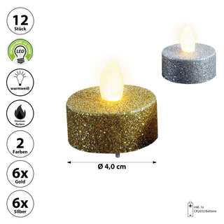 LED Teelicht Glitter 12er Set flackernd Ø4xH2cm Kunststoff gold silber Kerzen warmweiß Glitzerkerze flammenlos batteriebetrieben