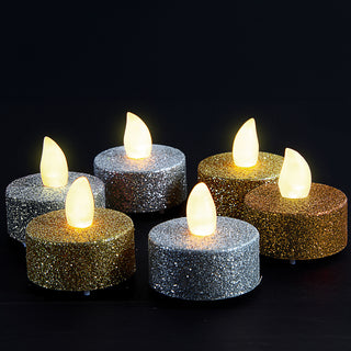 LED Teelicht Glitter 12er Set flackernd Ø4xH2cm Kunststoff gold silber Kerzen warmweiß Glitzerkerze flammenlos batteriebetrieben