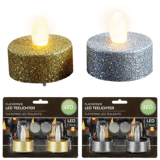 LED Teelicht Glitter 12er Set flackernd Ø4xH2cm Kunststoff gold silber Kerzen warmweiß Glitzerkerze flammenlos batteriebetrieben