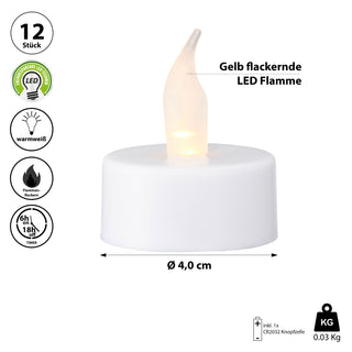 LED Teelicht 12er Set Ø4xH2cm Kunststoff Metall weiß Timerfunktion Kerze gelb flackernd flammenlos batteriebetrieben