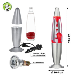 LED Lavalampe rot/blau/grün 10x40cm Glas Aluminium E14/R39 30 Watt 150cm Zuleitung Lavaleuchte Stimmungslicht Retro Dekolampe