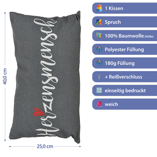 Kissen Herzensmensch 40x25cm grau weiß rot Baumwolle 180g Polyesterfüllung Reißverschluss Kuschelkissen einseitig bedruckt