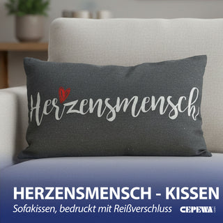 Kissen Herzensmensch 40x25cm grau weiß rot Baumwolle 180g Polyesterfüllung Reißverschluss Kuschelkissen einseitig bedruckt