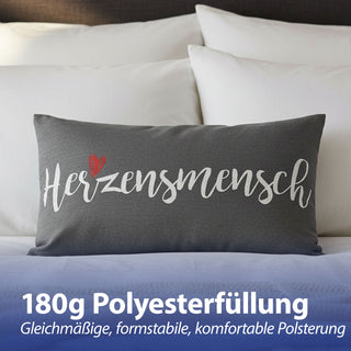 Kissen Herzensmensch 40x25cm grau weiß rot Baumwolle 180g Polyesterfüllung Reißverschluss Kuschelkissen einseitig bedruckt