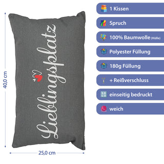 Kissen Lieblingsplatz 40x25cm grau weiß rot Baumwolle 180g Polyesterfüllung Reißverschluss Kuschelkissen einseitig bedruckt