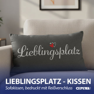 Kissen Lieblingsplatz 40x25cm grau weiß rot Baumwolle 180g Polyesterfüllung Reißverschluss Kuschelkissen einseitig bedruckt