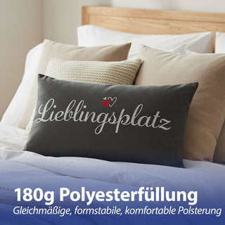 Kissen Lieblingsplatz 40x25cm grau weiß rot Baumwolle 180g Polyesterfüllung Reißverschluss Kuschelkissen einseitig bedruckt