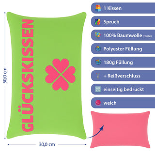 Kissen Glückskissen 40x25cm grün rot Baumwolle 180g Polyesterfüllung Reißverschluss Kuschelkissen einseitig bedruckt Kleeblatt