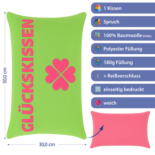 Kissen Glückskissen 40x25cm grün rot Baumwolle 180g Polyesterfüllung Reißverschluss Kuschelkissen einseitig bedruckt Kleeblatt