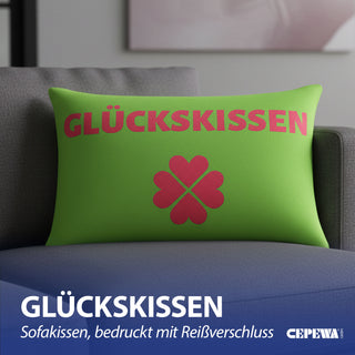 Kissen Glückskissen 40x25cm grün rot Baumwolle 180g Polyesterfüllung Reißverschluss Kuschelkissen einseitig bedruckt Kleeblatt
