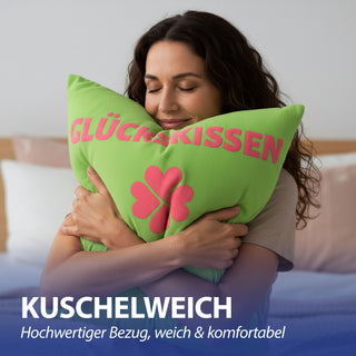 Kissen Glückskissen 40x25cm grün rot Baumwolle 180g Polyesterfüllung Reißverschluss Kuschelkissen einseitig bedruckt Kleeblatt